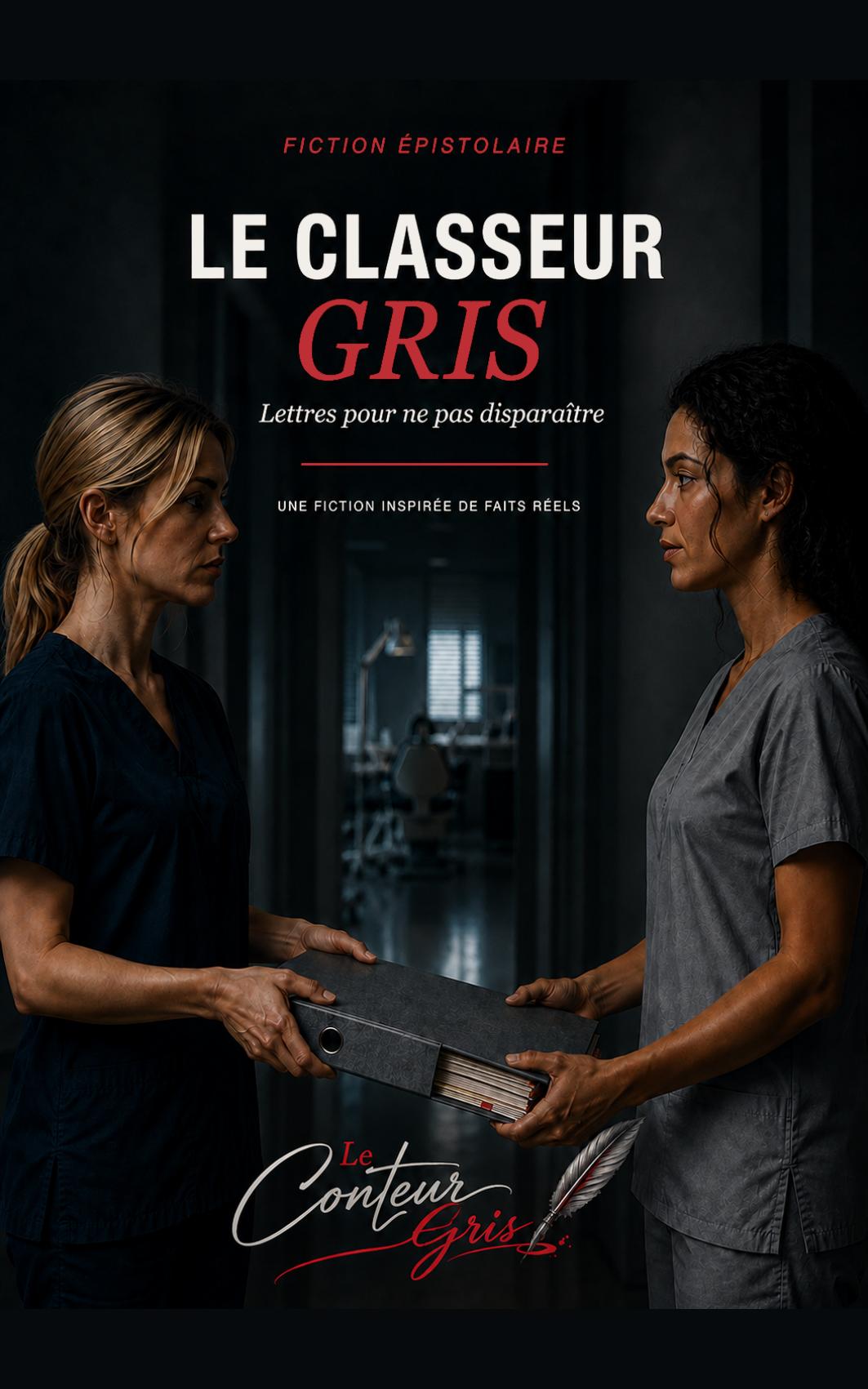 Couverture française du livre Le Classeur Gris : deux femmes en blouse se transmettent un classeur gris dans un couloir sombre.