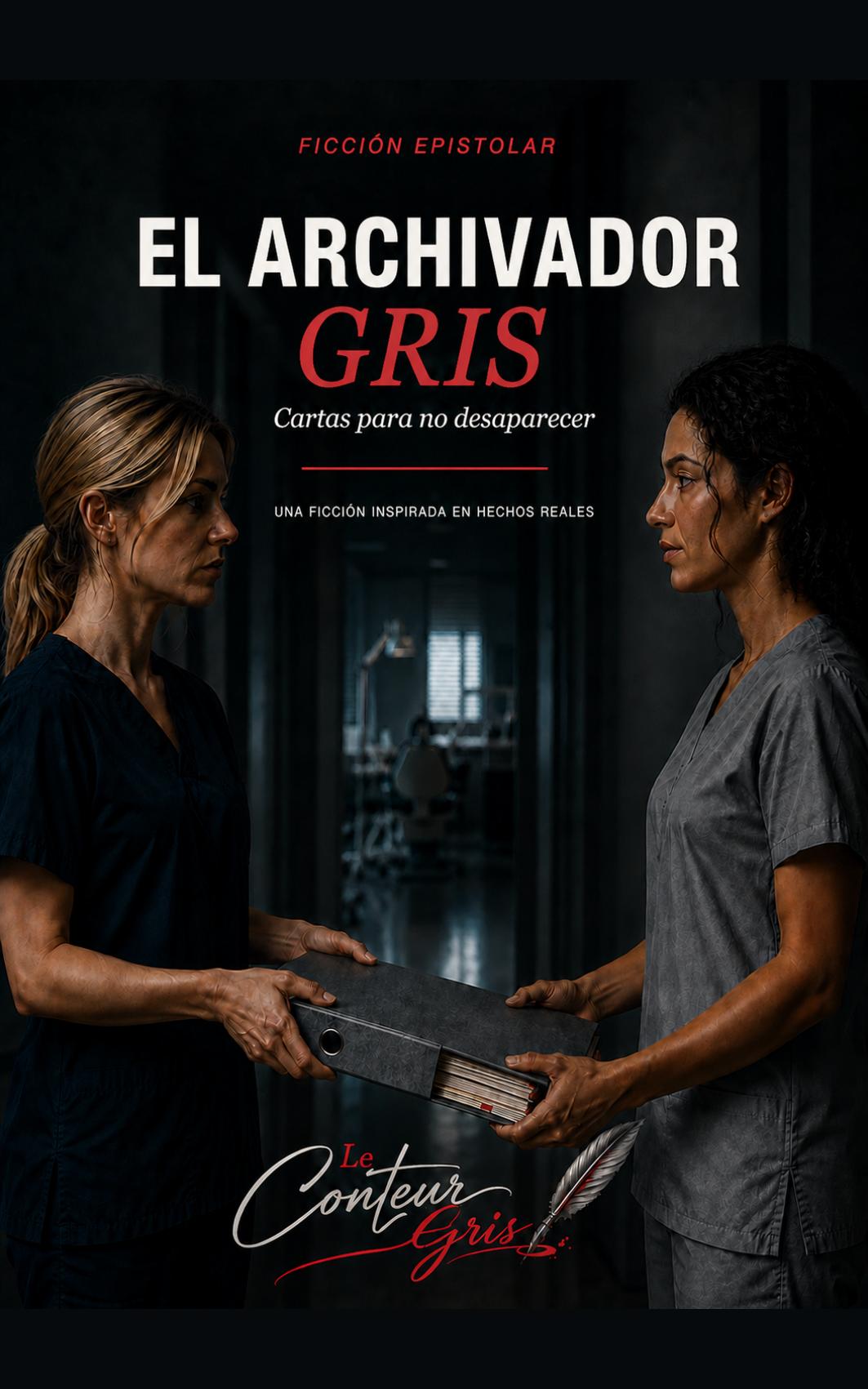 Portada española del libro El Archivador Gris: dos mujeres con uniforme sanitario se entregan un archivador gris en un pasillo oscuro.